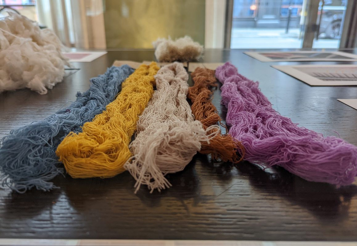 different coloured yarns in a display case